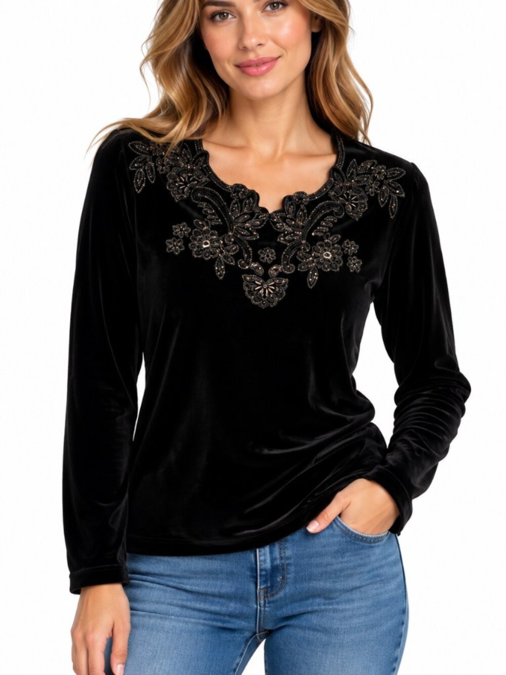NEXT Black Velvet Beaded Embroidered Long Sleeve Top UK 8